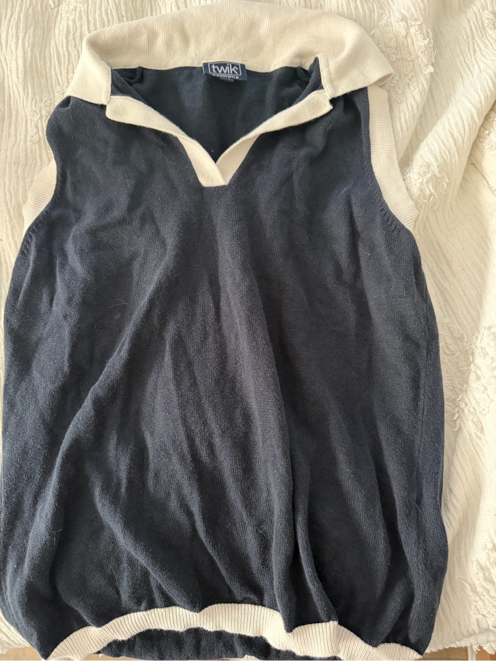 Twik Navy Sleeveless Polo Sweater with Cream Trim